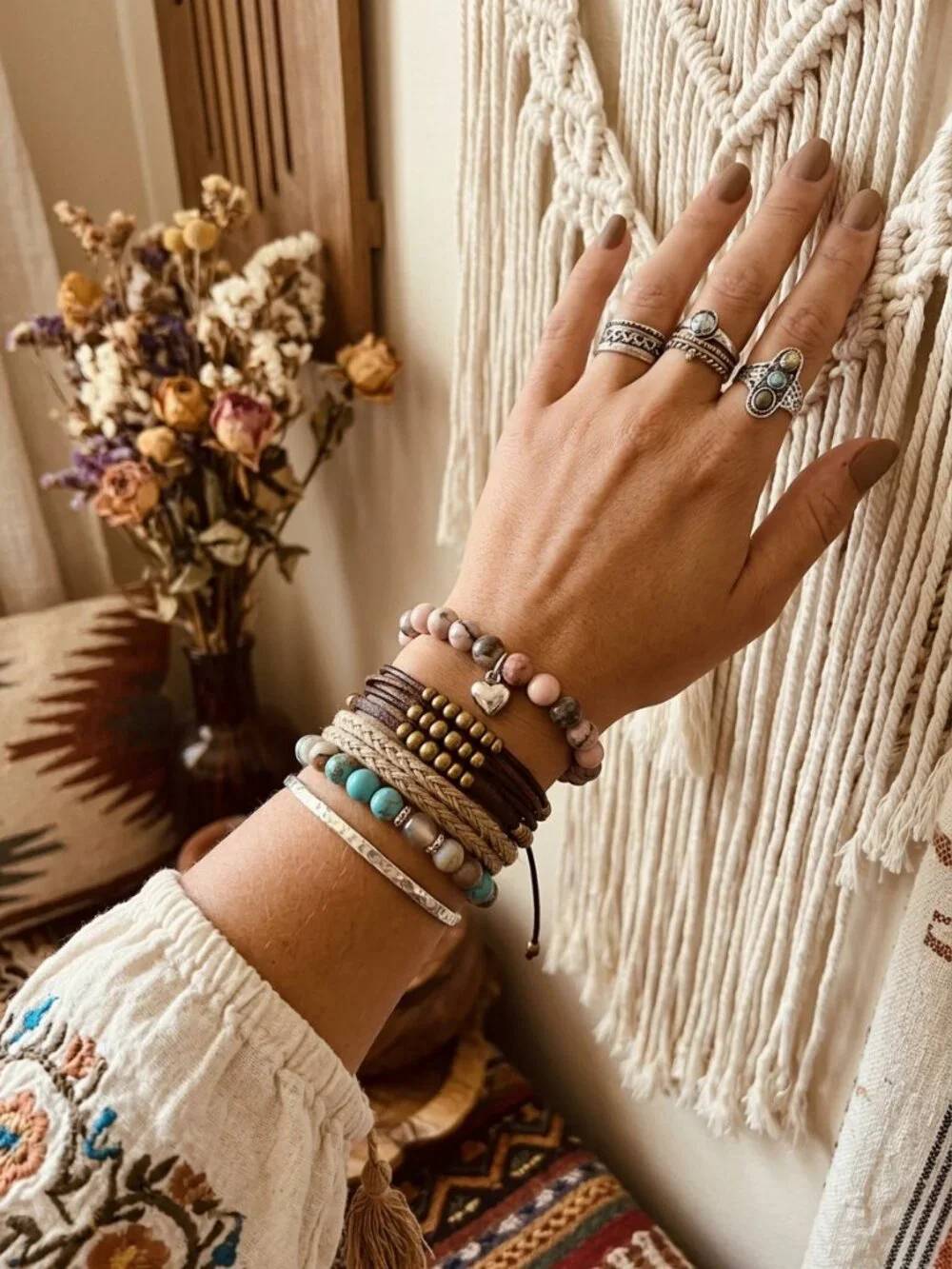 Designs by Forte Boho Natural Stone Stretch Bracelet with Silver Heart Charm